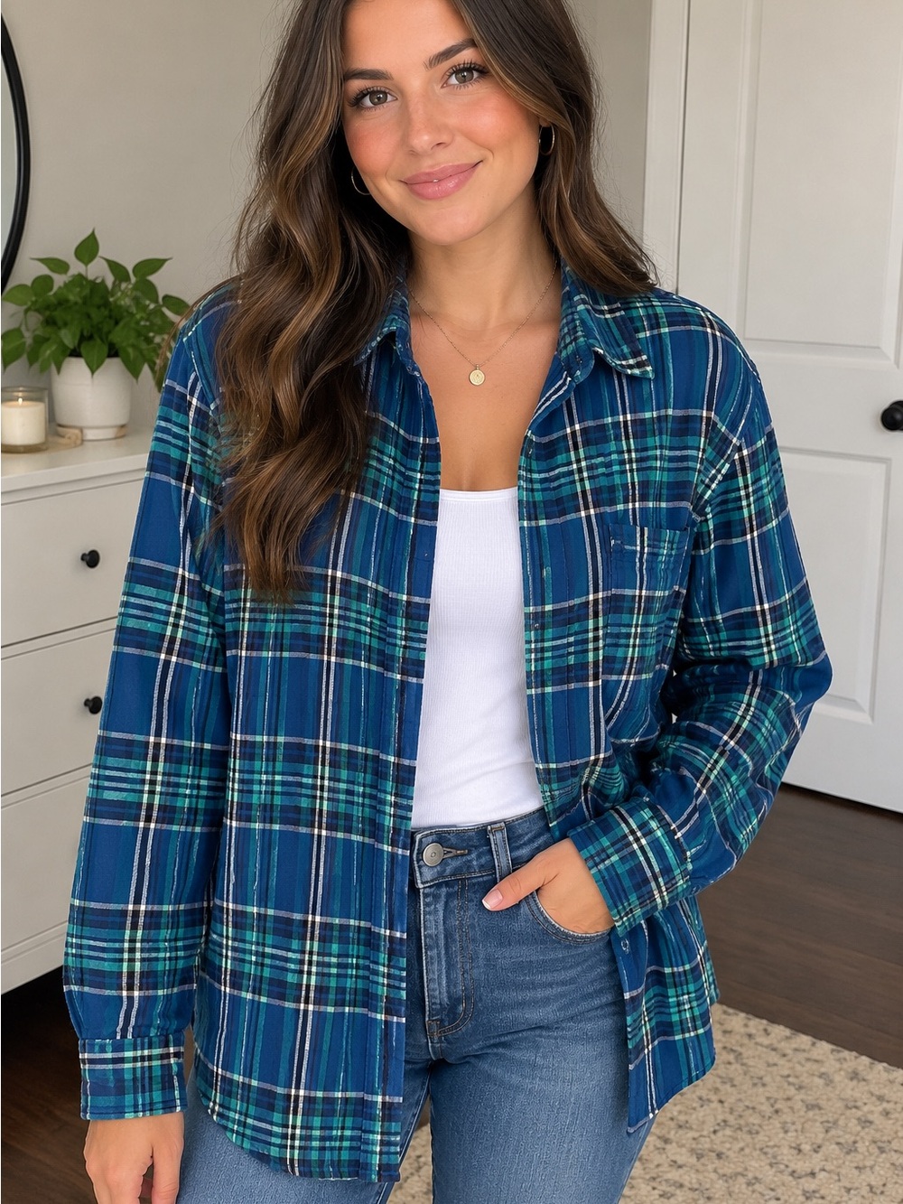 American Eagle Outfitters Blue & Green Plaid Button-Down Shirt